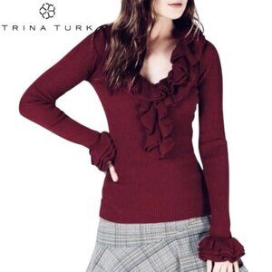 Trina Turk Ribbed Ruffle Trim V-Neck Wine Pullover Cotton Blend Sweater